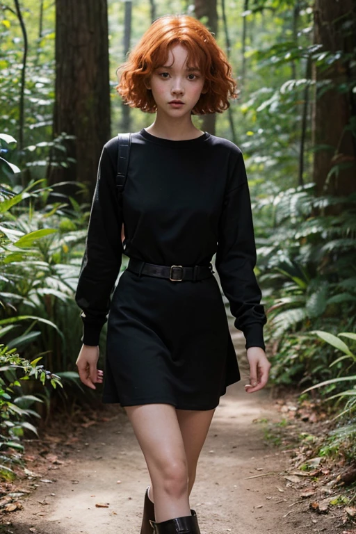 15 year old girl, Lovely, orange hair, very short, Very curly, slim, flat bust, with freckles on the face, with slavic features, with short victorian dress, black color, of long sleeve, showing her legs, In the woods, walking, holding a sword in his right hand.