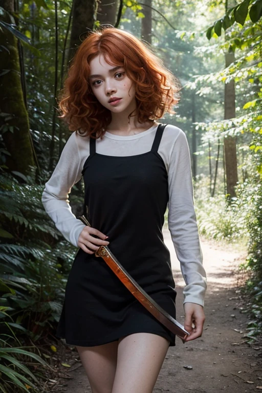 15 year old girl, Lovely, orange hair, very short, Very curly, slim, flat bust, with freckles on the face, with slavic features, with short victorian dress, black color, of long sleeve, showing her legs, In the woods, walking, holding a sword in his right hand.