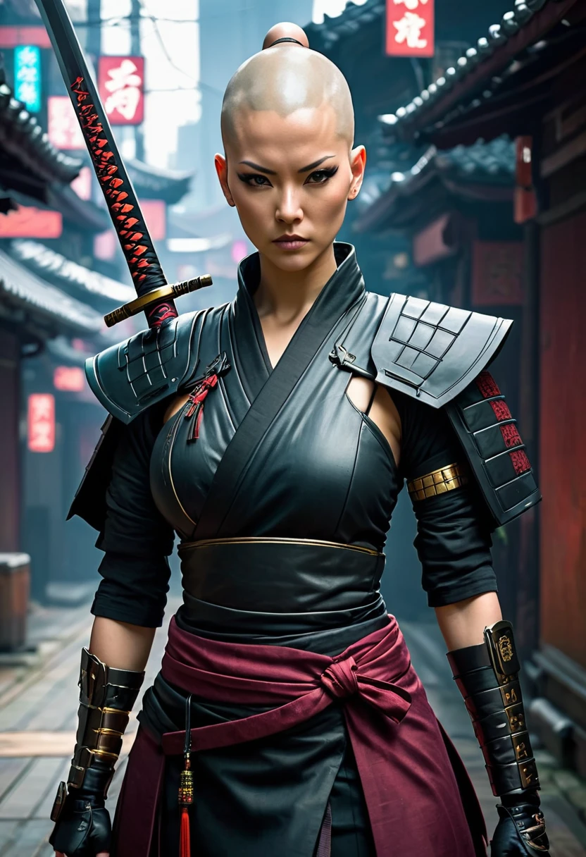 Samurai sword，sh4g0d style cyberpunk female warrior，bald，monk,bushido,gown
