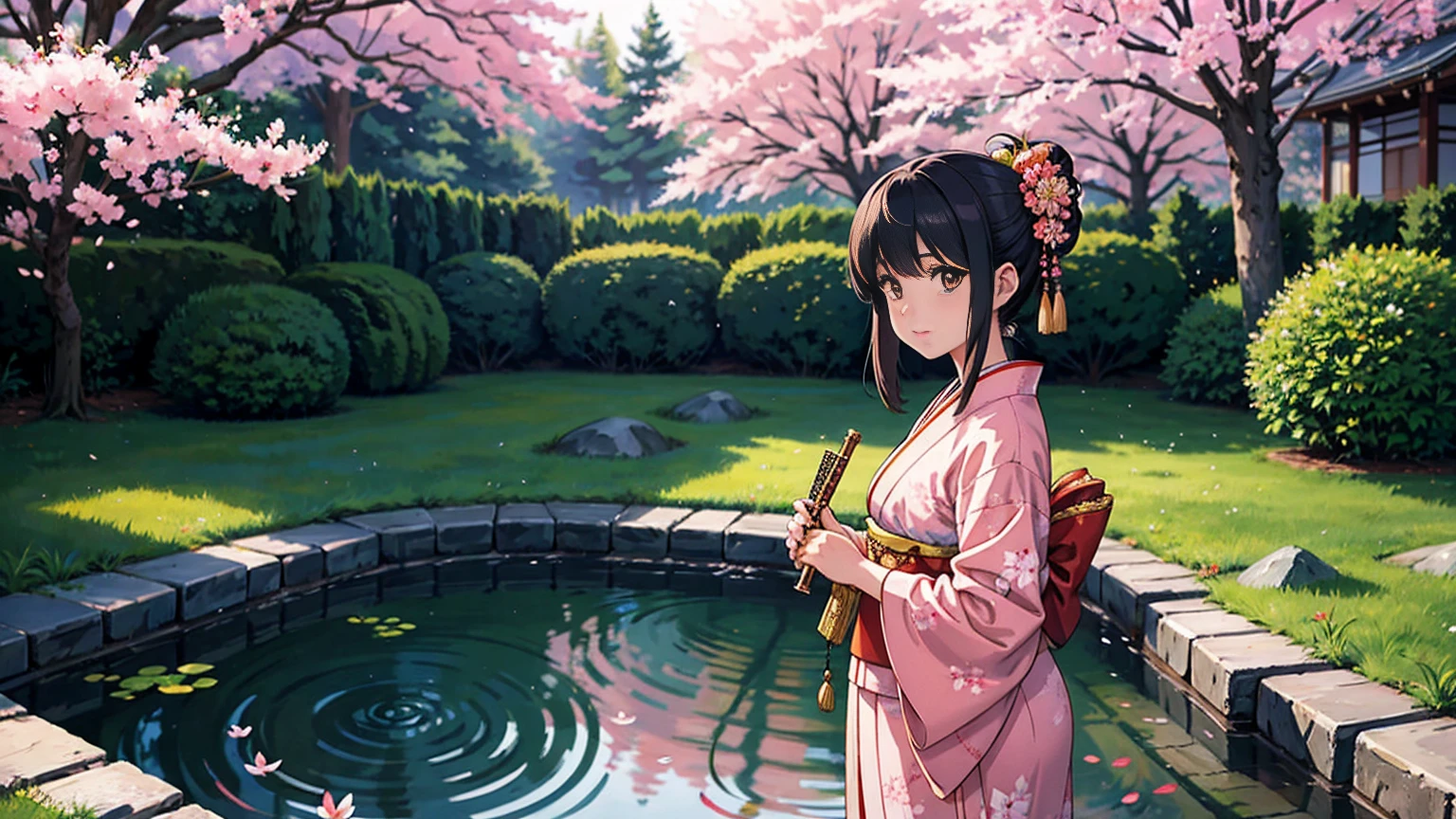 A young woman in traditional Japanese attire playing a flute. She is wearing a beautifully detailed kimono with intricate patterns. Her hair is styled elegantly, and she has a serene expression on her face. She is standing in a peaceful garden with cherry blossoms in full bloom, their petals gently falling around her. The garden features a small pond with koi fish and a traditional stone lantern. Soft sunlight filters through the trees, casting a warm and tranquil glow over the scene.