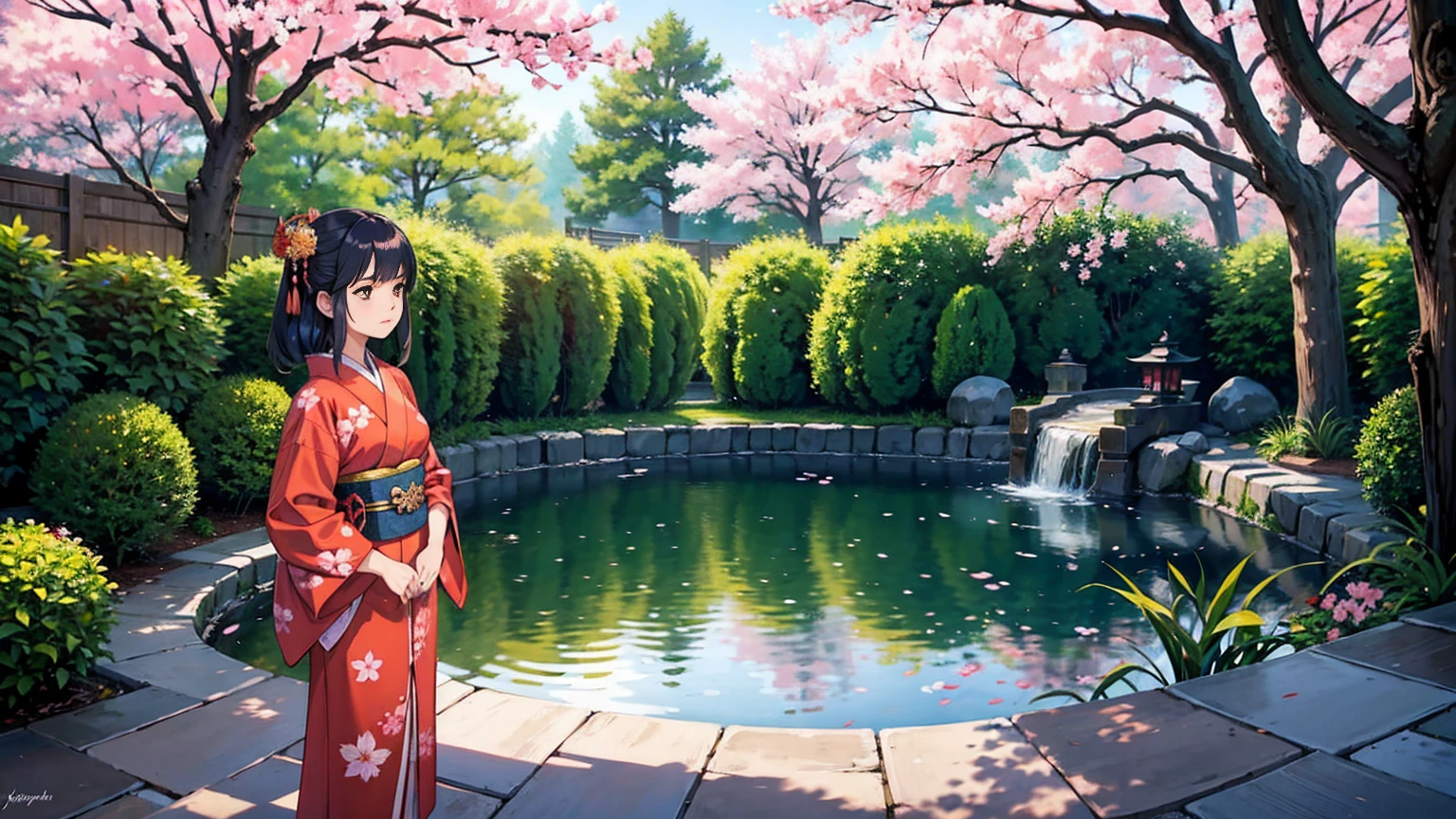 A young woman in traditional Japanese attire playing a flute. She is wearing a beautifully detailed kimono with intricate patterns. Her hair is styled elegantly, and she has a serene expression on her face. She is standing in a peaceful garden with cherry blossoms in full bloom, their petals gently falling around her. The garden features a small pond with koi fish and a traditional stone lantern. Soft sunlight filters through the trees, casting a warm and tranquil glow over the scene.