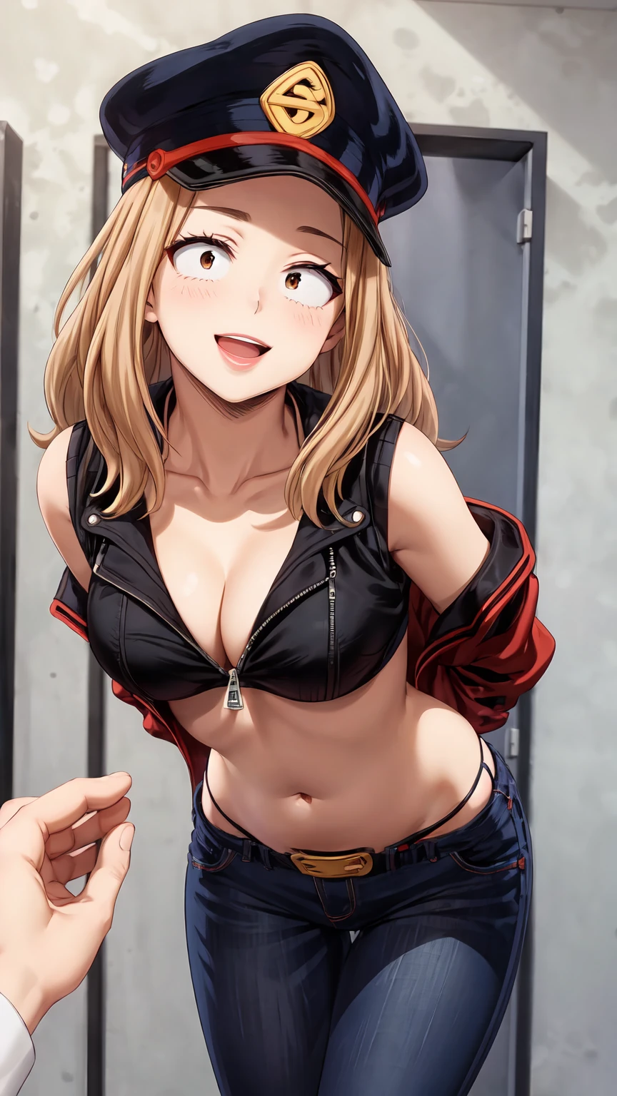 Masterpiece ,best quality , high resolution , (face view , look at view , (pov front view) , (pov from front)) , (1 girl solo:1.38) , (camie, long hair, brown hair, brown eyes, peaked cap , lipstick , eyeliner)) , (slim , tall , slender , thin) , (cleavage:1.05) , (big breast:1.06) , (wear bikini , jacket , belly , jeans , fishnet stockinhs) , (arms behind back , hand behind back) , (leaning forward:1.35) , (indoor , domino  , alley , shoese cabinet) , (open mouth , smile , full face blush , shy ) , (standing , thighs ) , (cowboy_shot)