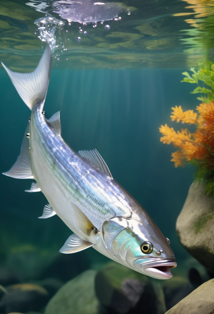 A bluefish in the sparkling water of a stream, highly detailed, 4K, hyperrealistic