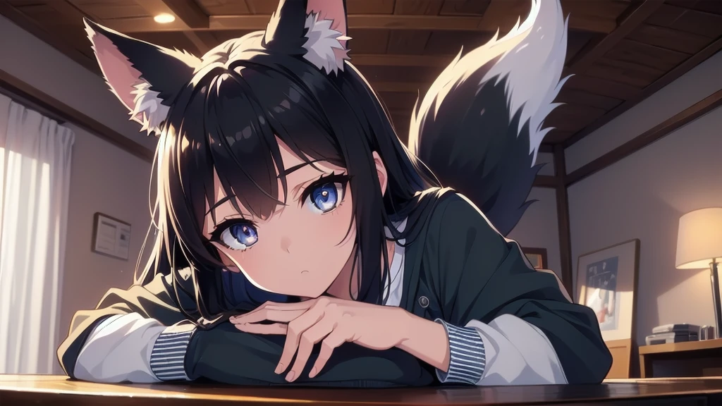 A fox girl, her hand reaching for her shorts, slightly pulling it down to reveal more skin. She has short black hair, black fox ears, black tail with white tip, blue colored eyes. Wearing a blue jacket, black shirt and blue shorts and shoes. Set in a bedroom at day full of decorations. Perfect Anime Art. Masterpiece, highres, accurate, textured skin, anatomically correct, ultra HD, 4k, perfect details, best quality  (masterpiece:1.2), best quality, high resolution, unity 8k wallpaper, (illustration:0.8), (beautiful detailed eyes:1.6), extremely detailed face, perfect lighting, extremely detailed CG, (perfect hands, perfect anatomy), NSFW
