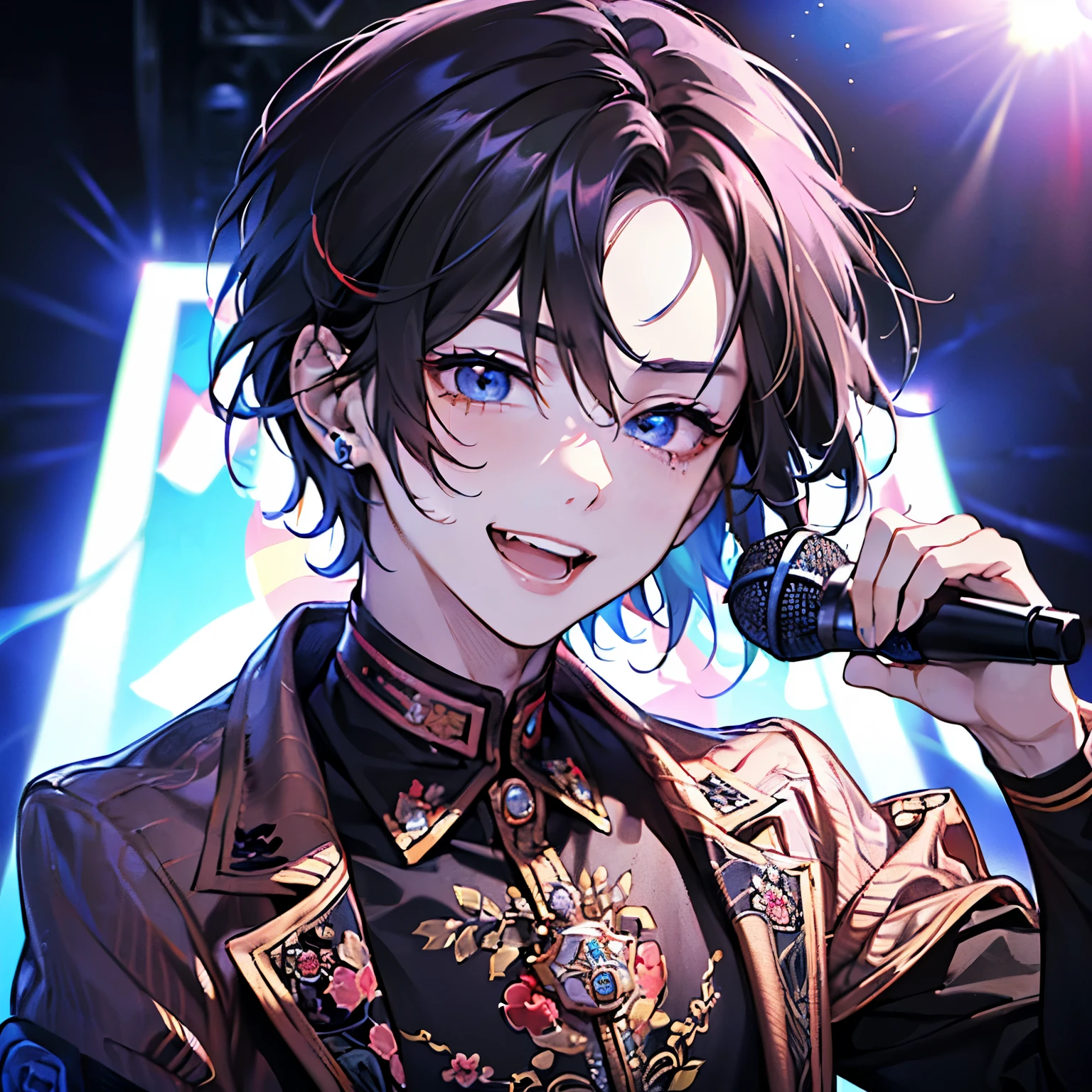 ((cute,kawaii,wonderland)),(Shy laugh、🥺),(Microphone Performance、Fansa:1.25),((Men's,Two men facing each other:1.2)),((Live Stage:1.25)),((Punk clothing:1.25)),((Male idols:1.15)),Looking up,((Live Stage:1.25)),(Short Hair:1.3),((red、White、Light、black:1.1)),((Close-up of face:1.4)),((looking front:1.25)).
