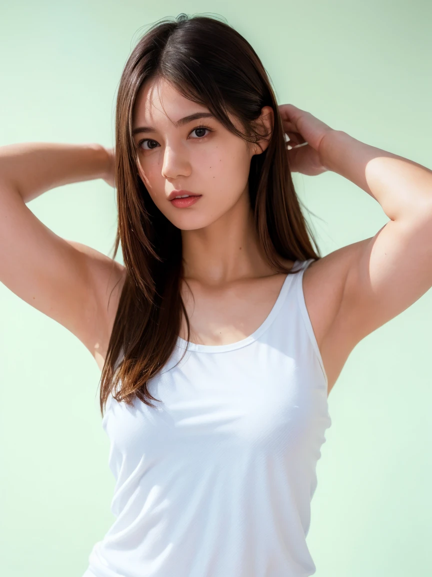 (best quality:1.4), (ultra highres:1.2), (photorealistic:1.4), (16k, RAW photo:1.2),(portrait shot:1.3), bmangpor, 1girl, solo, long hair, brown hair, upper body, white smooth armpits, one arm up, knit tank top,  small breast,see through,nipple