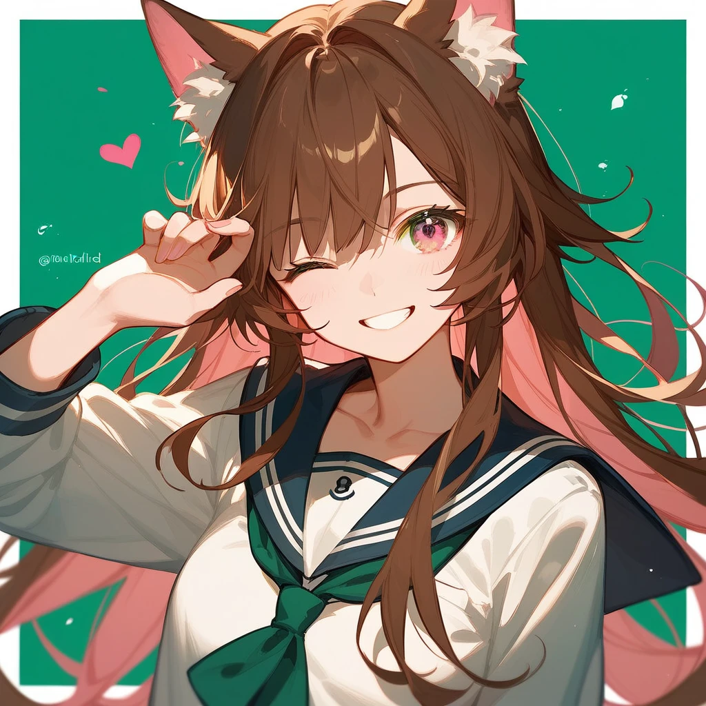 ,1 Girl,Sailor suit,beautiful_face、Brown Hair、Long Hair、Solo Illustration、(One eye is green、One eye is pink)、Heterochromia iridis、(Green and pink eyes)、Wolf Ears、Cool composition、smile
