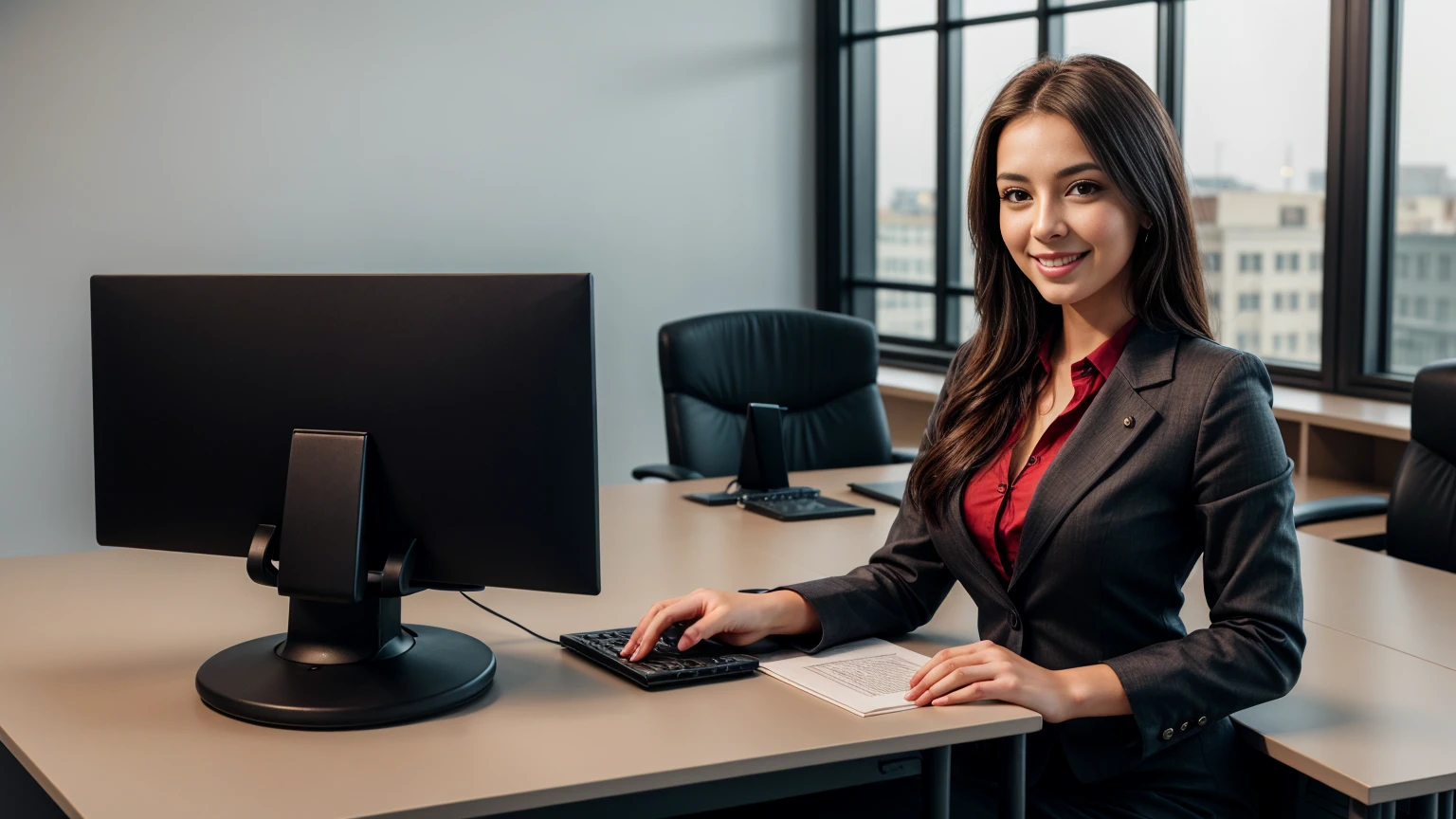 a beautiful girl in a professional office setting, black hair, looking at viewer, elegant red business attire, (red business dress), gentle expression, full smile, professional and efficient, warm lighting, photorealistic, highly detailed, cinematic composition, dramatic lighting, color grading, Rembrandt lighting