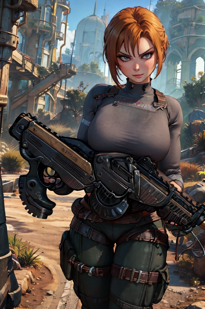 Trishka Novak - Bulletstorm, sexy girl, gray T-shirt with nipples showing through, thick sexy legs, girl holding a rusty gun