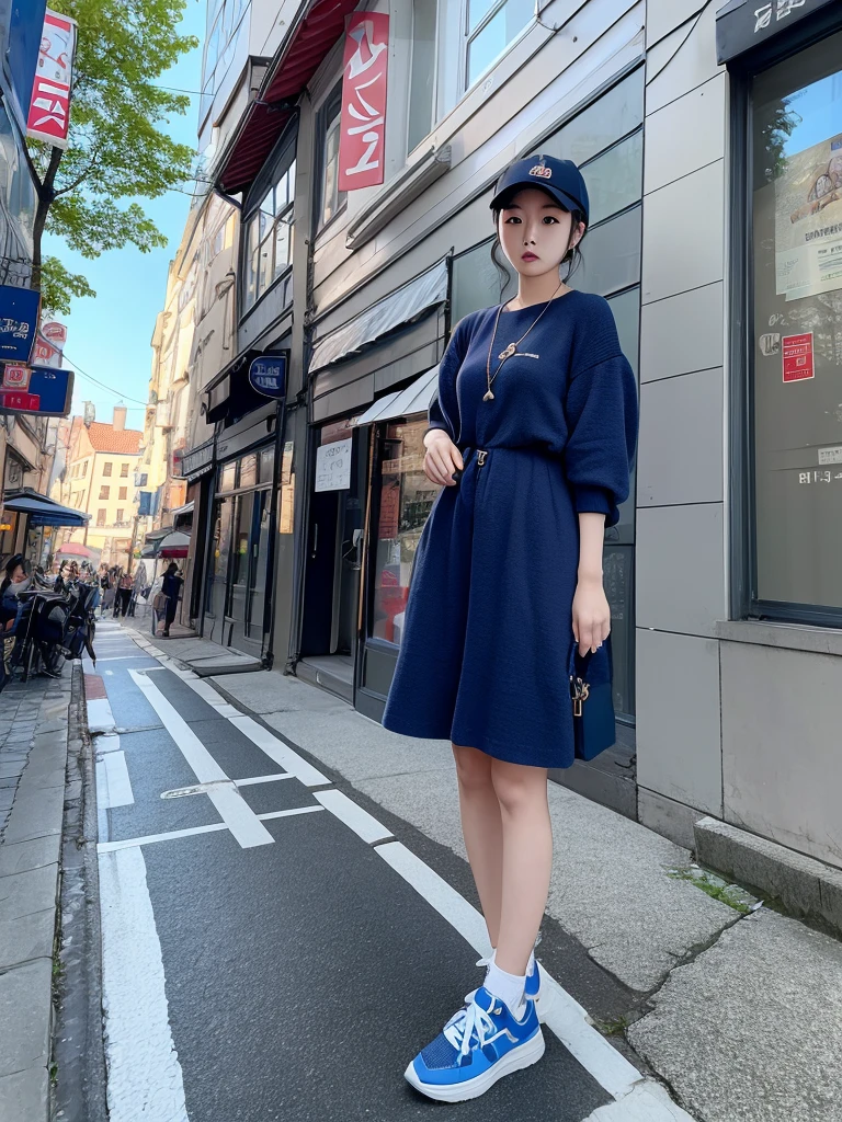 Korean girl, standing, in street of fores, blue shoes, 8k,masterpiece, high quality