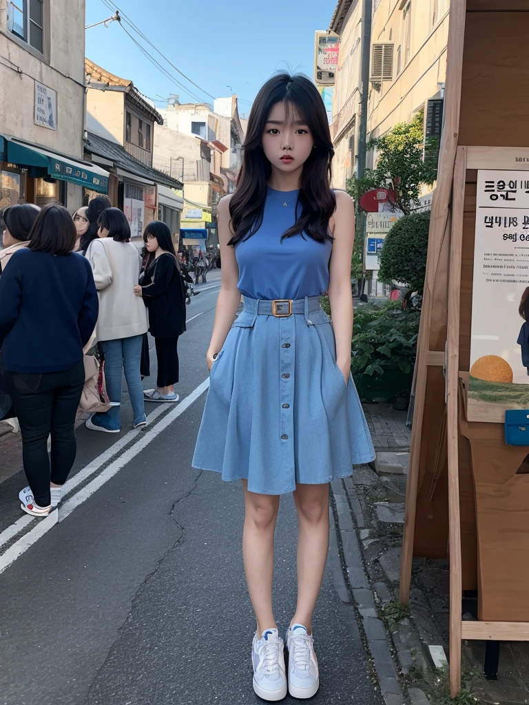 Korean girl, standing, in street of fores, blue shoes, 8k,masterpiece, high quality