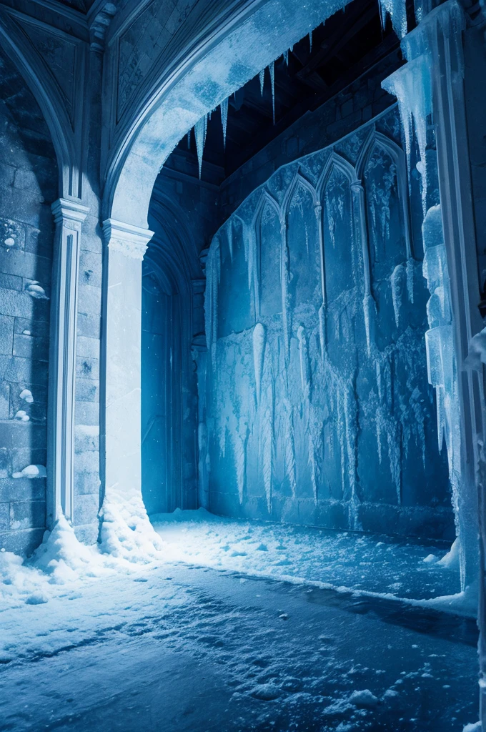 frozen wall, cold, castle, ice crystals, dark environment, punishment