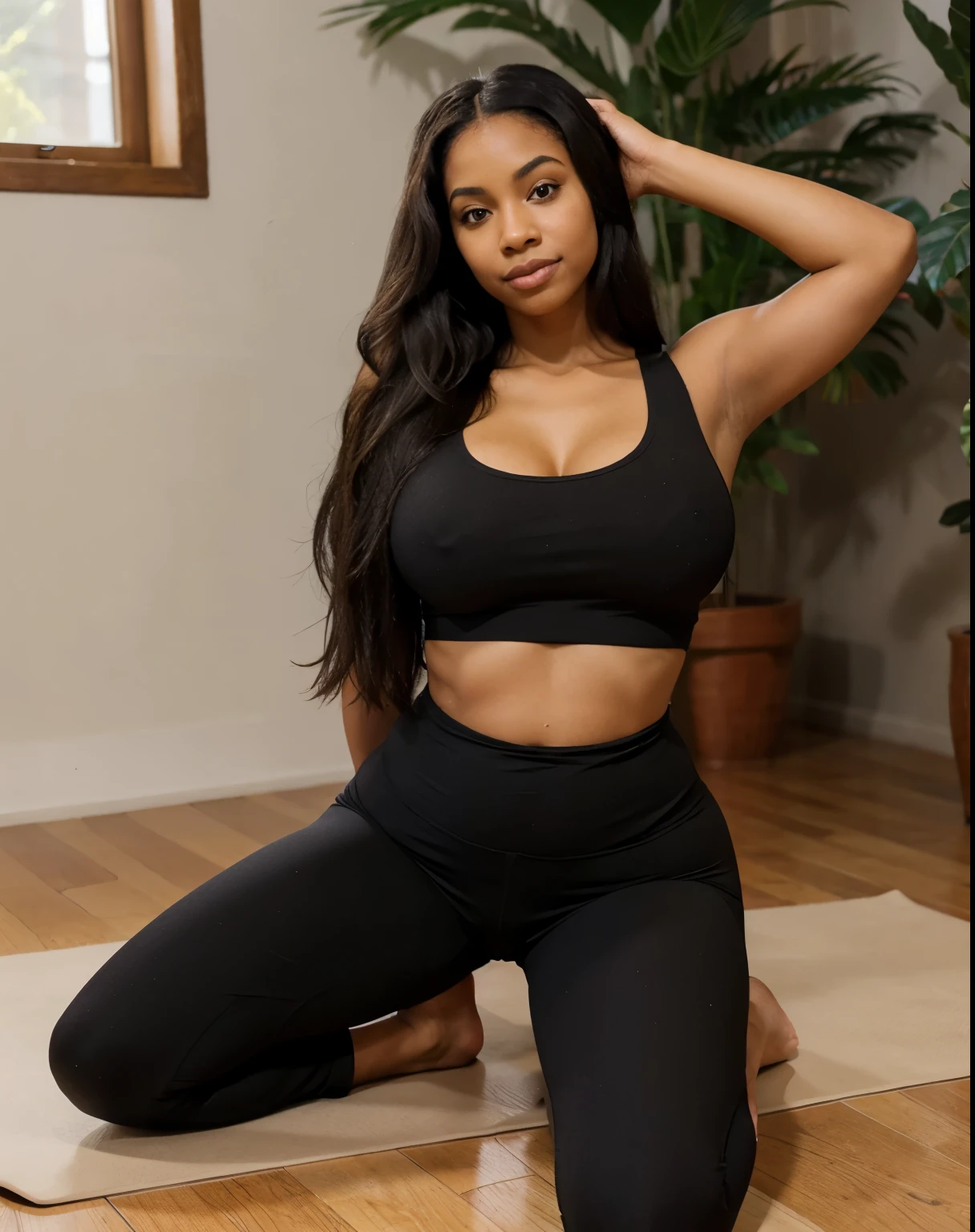 Mixed black ethnicity, curvy girl, long straight hair, yoga pose, yoga clothes, sexy pose, revealing curves, cameltoe