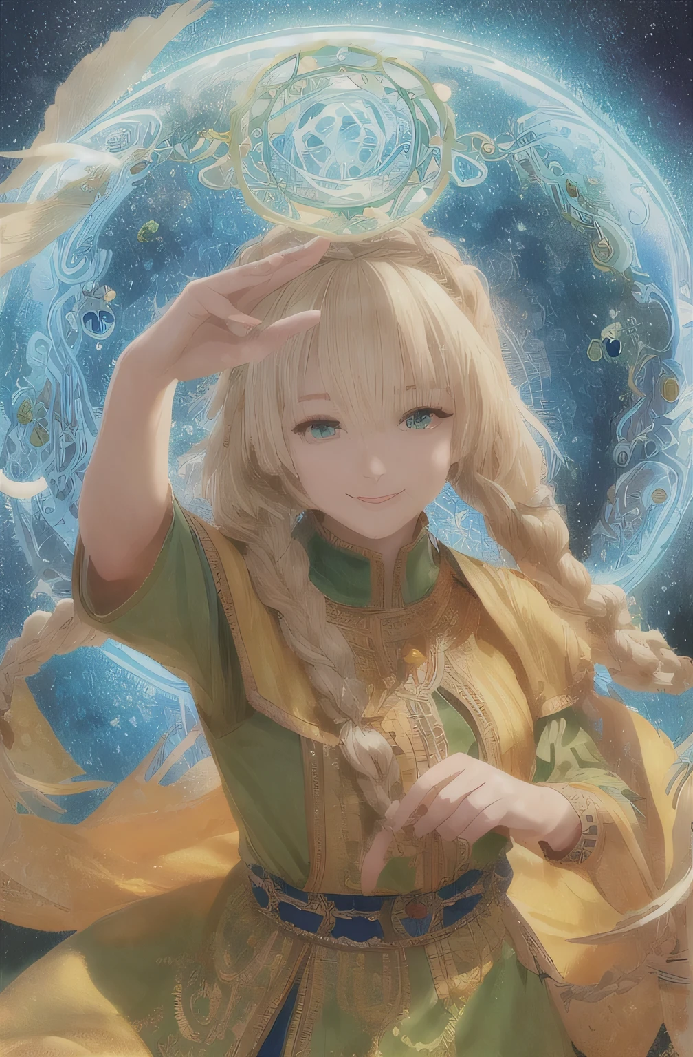 Highest quality, masterpiece, Upper Body,
(Adult:1.6) Ukrainian woman, (Grin:0.4), 
Braided blonde hair,
Emerald Eyes,
Medieval sundress,
 Floating light particles, Centered, Close your eyes