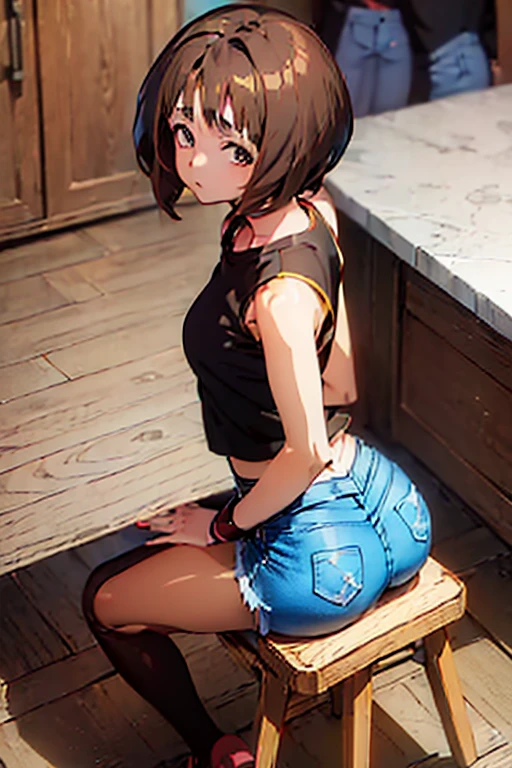(anime:2.0), (age girl, short brown hair:1.7), (pose sitting on a stool with his back to the camera:1.3), Background room, (denim shorts, Black T-shirt, leggings:1.3)