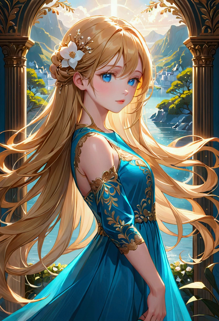 Long golden hair, blue eyes
,aesthetic body, tall