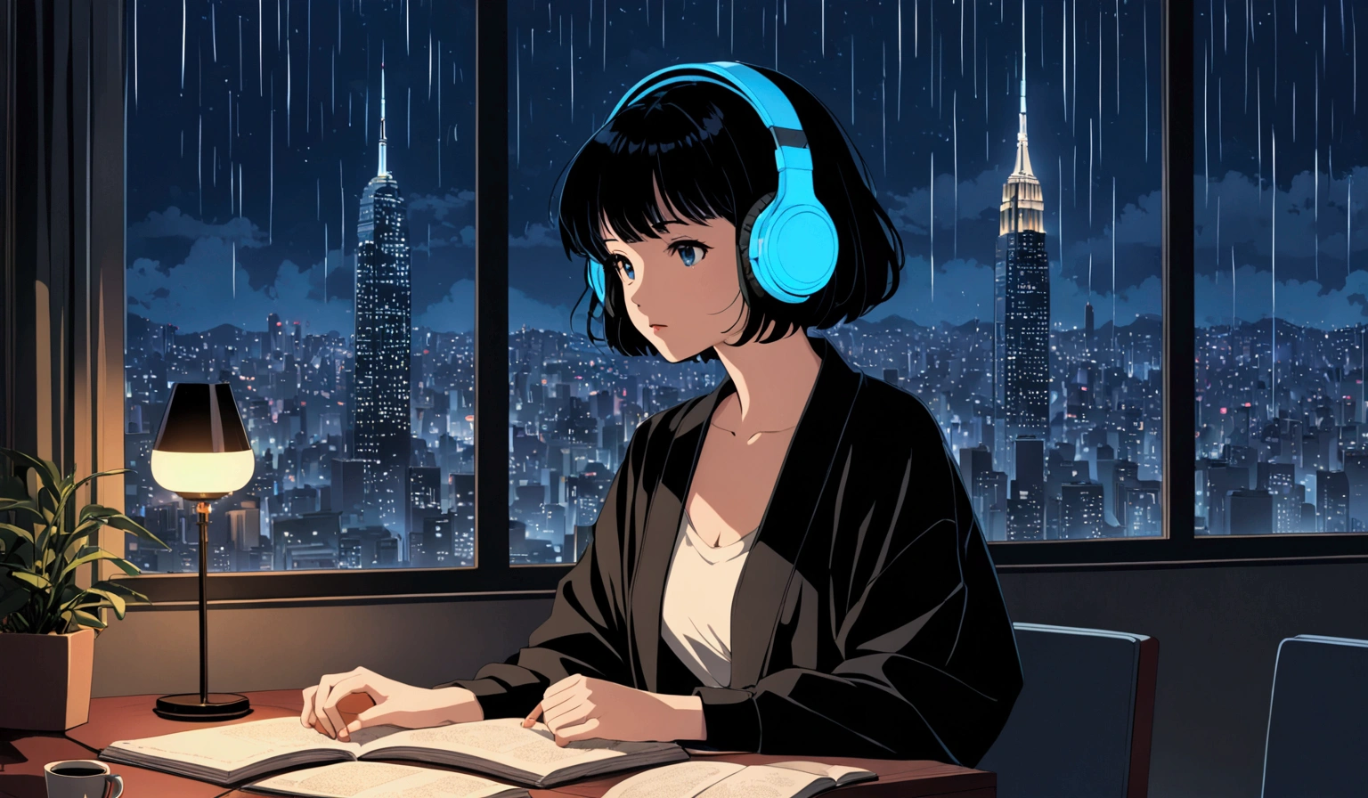 (8k,Highest quality, Ultra-high resolution:1.5, masterpiece:1.3),Black Short Hair, Black clothes, Adult woman looking to the side ,Blue headphones、 City of night, Delicate background、masterpiece、nightの街、night、dark、nostalgic、1 girl, 80s anime style, I have headphones on, Barely、Girl studying in room、It's raining outside、coffee, Retro, Lo-Fi