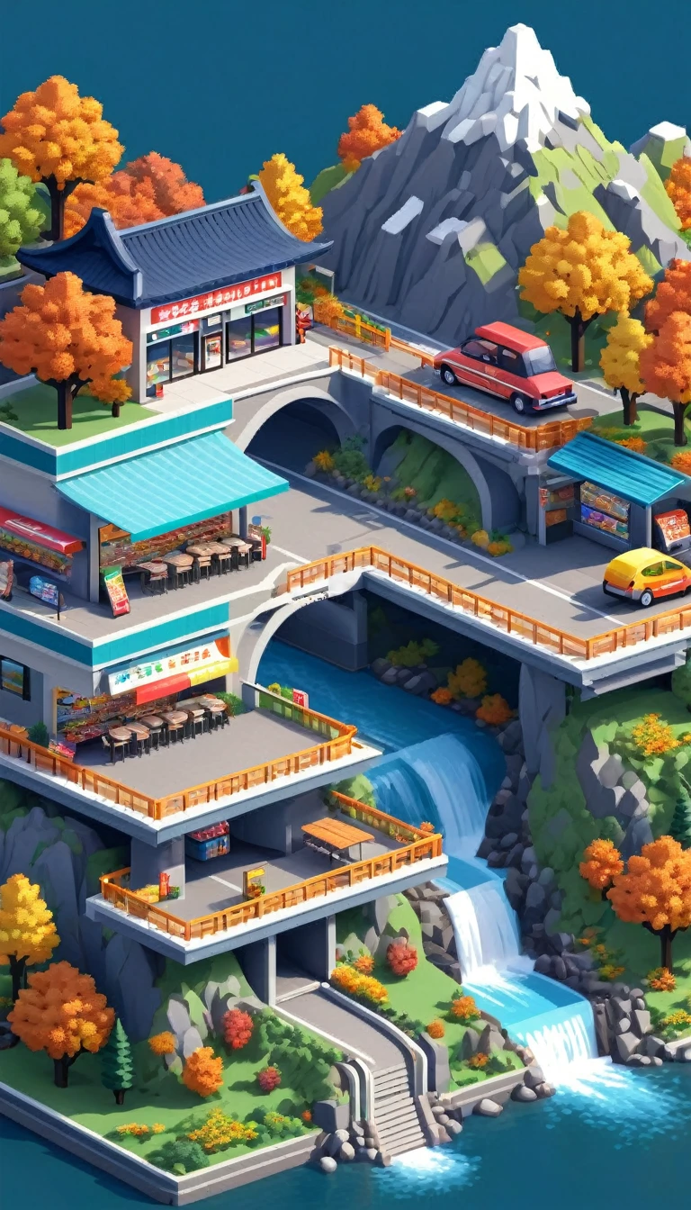 Dreamlike scenery，(Mountains、Fall:1.6)，Around the mountain road，Convenience store，Viaduct，Scenic area rest tables and chairs，river，High-speed rail，track，Isometric Art, 3D Isometric, Isometric pixel art，Simple background，MG_ip