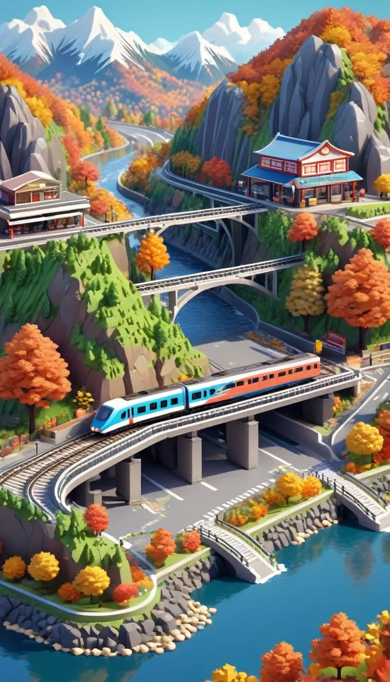 Dreamlike scenery,(Mountains、Fall:1.6),Around the mountain road,Convenience store,Viaduct,Scenic area rest tables and chairs,river,High-speed rail,track,Isometric Art, 3D Isometric, Isometric pixel art,Simple background,MG_ip