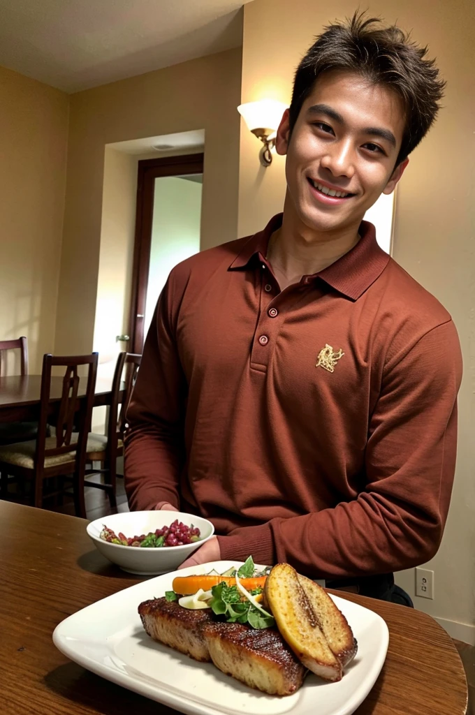 (best quality, 4K, 8k, high resolution, Masterpiece: 1.2), Special details, (realistically, As realistic as a photo, photo realistic: 1.37), Edge lighting, Extra detailed coloring, sharp focus, Physical rendering ,Extremely detailed description,professional,light color,Bokeh,Portrait,look at the viewer, Young Asian man, 20 years old ,(wearing a brown polo shirt), smile ,dining room
