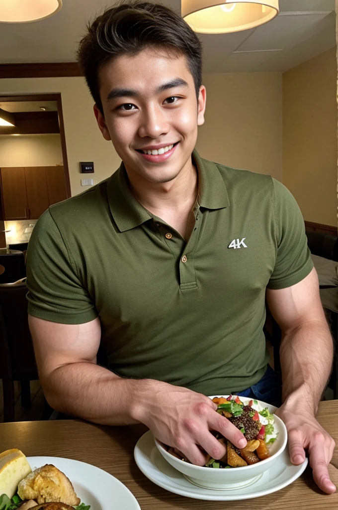 (best quality, 4K, 8k, high resolution, Masterpiece: 1.2), Special details, (realistically, As realistic as a photo, photo realistic: 1.37), Edge lighting, Extra detailed coloring, sharp focus, Physical rendering ,Extremely detailed description,professional,light color,Bokeh,Portrait,look at the viewer, Young Asian man, 20 years old ,(wearing a brown polo shirt), smile ,dining room