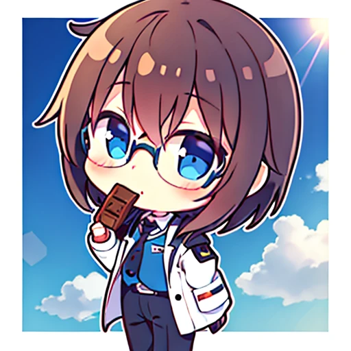 Libido boy,Shota,adolable,tchibi,Idle,brown hair,blue color eyes,black-frame glasseusical elements,Sunshine, Manteau blanc, Adventure, Eat chocolate,white uniform,shorter pants,the sky background