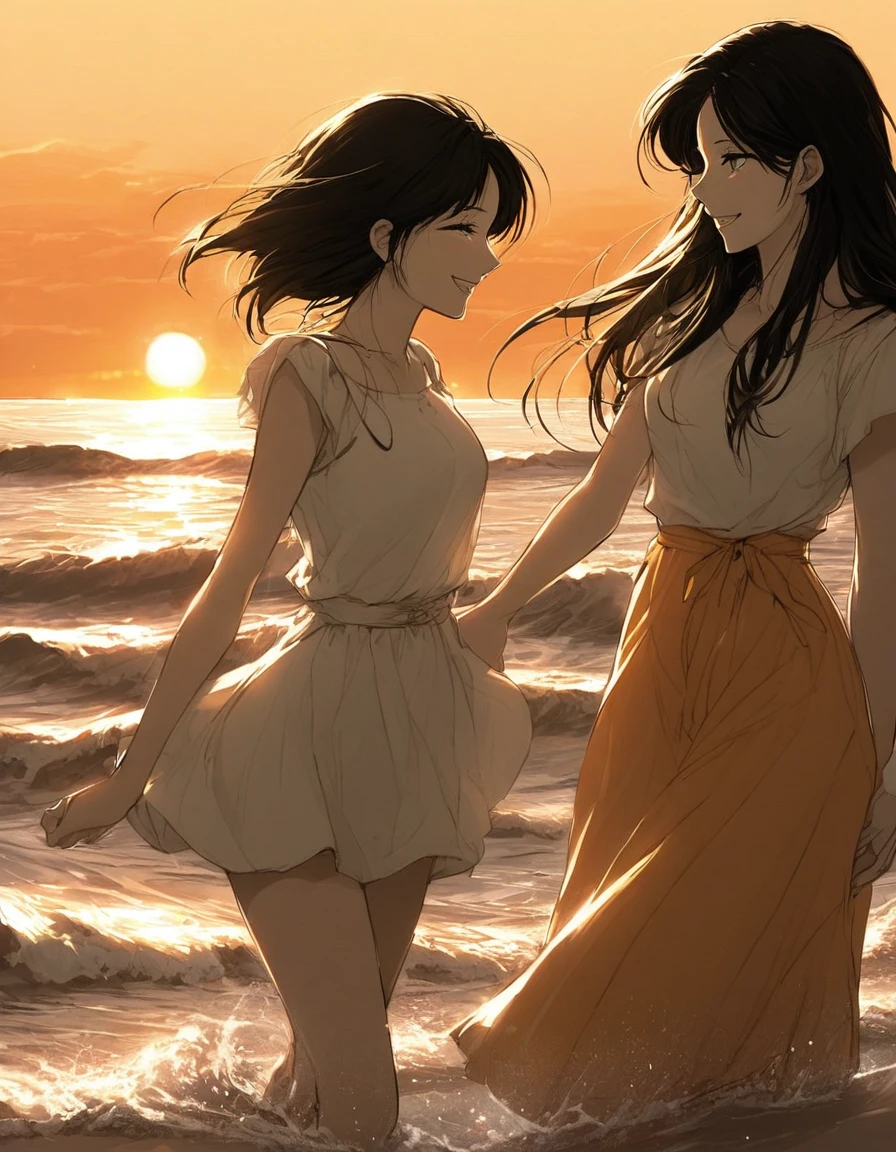 Girls and,seaside,Sunlight,Sunset,Holding Hands,walk,cartoon,high-definition,Long hair,White Dress,Perfect face