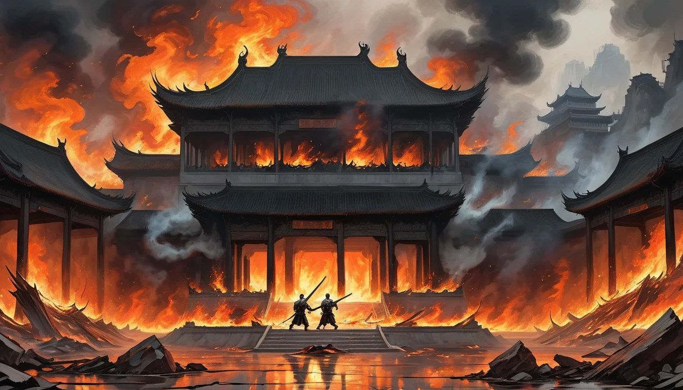 Anime style, High contrast, black and white, dramatic scene: Ancient Chinese palace engulfed in flames. Liu XuanTian, wounded, gripping his sword, faces Lao with cold determination.