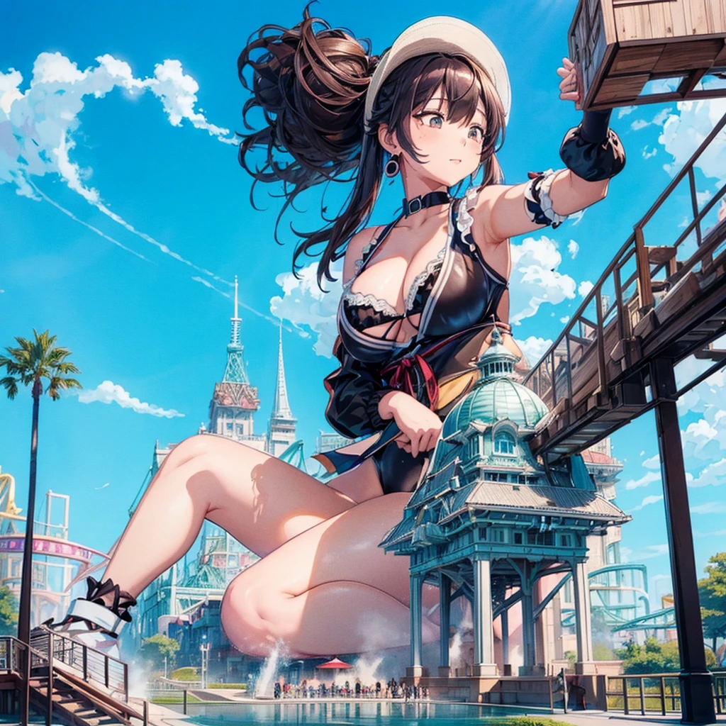 masterpiece　　Unreal Engine　Anime Style　Delicate painting　4K　90's　giant　crowd　 　amusement park　　((amusement parkに立っている巨大な黒髪の水着の女の子))　clown　stuffed toy　roller coaster　Merry-go-round　crowd　Big Breasts　sneakers　Bikini Swimwear　paola　Straw hat　　　smile　blue sky　cumulonimbus　Contrail　female giant giant girl Whole body 　 Destroyed skyscrapers Destroyed cars Crowd Unreal Engine,cleavage ,a drawing of a , earrings, long hair, 1980s (style) Cute picture　Beauty　Analog style　whole body　sneakers　