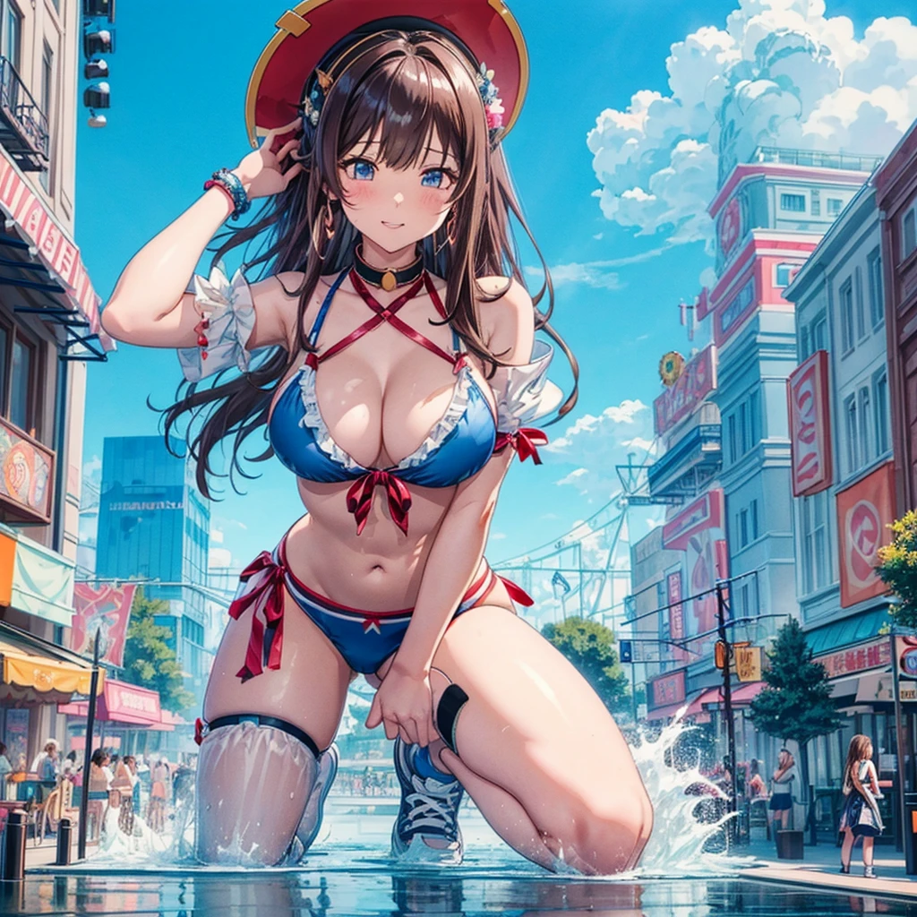masterpiece Unreal Engine Anime Style Delicate painting 4K 90's giant crowd amusement park ((amusement parkに立っている巨大な黒髪の水着の女の子)) clown stuffed toy roller coaster Merry-go-round crowd sneakers Bikini Swimwear paola Straw hat smile blue sky cumulonimbuontrail female giant giant girl Whole body Destroyed skyscrapers Destroyed cars Crowd Unreal Engine,cleavage ,a dr a , earrings, long hair, 1980s (style) Cute picture Beauty Analog style whole bodeakers