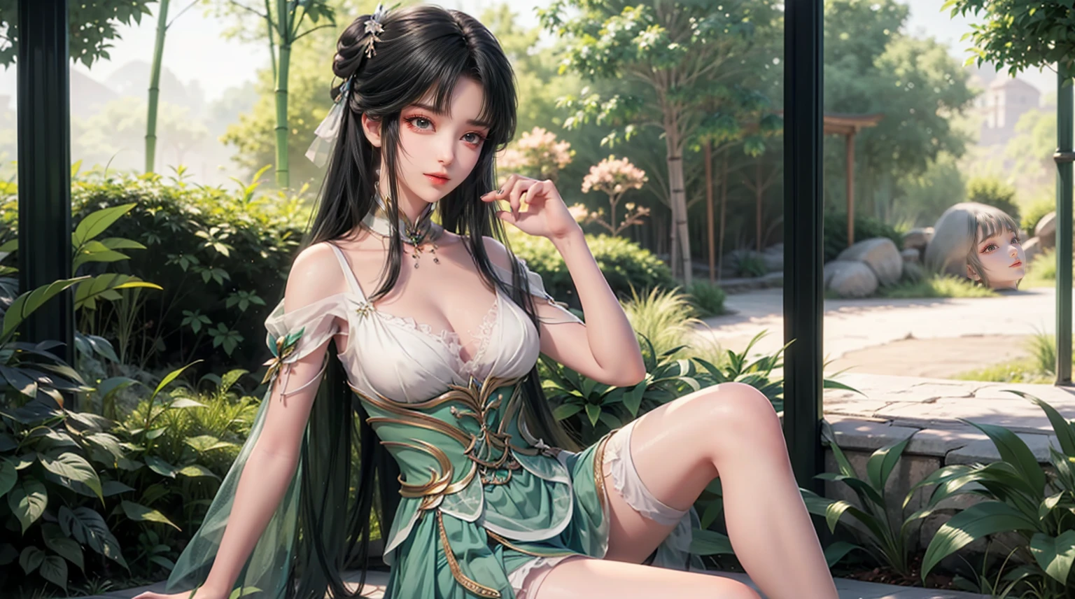 Arad woman in skirt sitting next to bamboo forest, cute anime waifu in beautiful skirt, trending on cgstation, 8K high quality detailed art, anime barbie in white stockings, highly detailed beautiful fan art, extremely detailed artgerm, anime girl Squatting, flowing magic robe, beautiful seductive anime woman, WLOP and Sakimichan