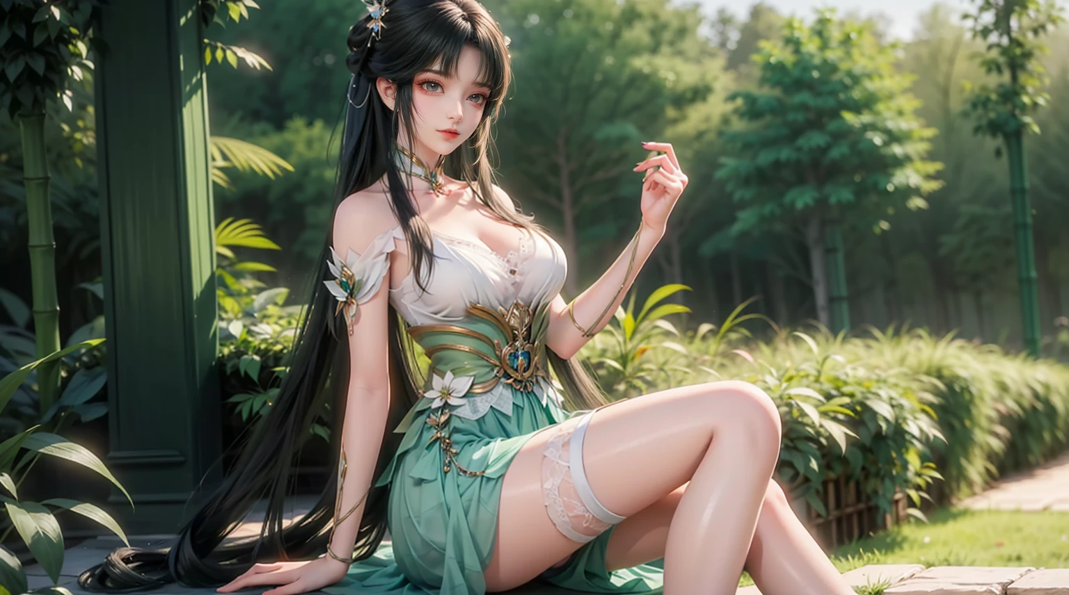 Arad woman in skirt sitting next to bamboo forest, cute anime waifu in beautiful skirt, trending on cgstation, 8K high quality detailed art, anime barbie in white stockings, highly detailed beautiful fan art, extremely detailed artgerm, anime girl Squatting, flowing magic robe, beautiful seductive anime woman, WLOP and Sakimichan