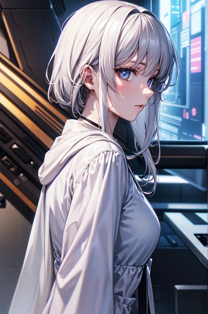 Highest quality,A perfect masterpiece,Perfect artwork,Official Works,8k,, (Upper body portrait:1.3),((View from the side:1.5)),Close-up lens,Delicate face,, 17 years old,White Hair Girl,Medium Hair,((White, clear eyes:1.5)),(White Dress:1.2)、 The illusion of pearls,cyber punk,Fashion Trends,,Octane Rendering,Ray Tracing,Intricate details,Animation lighting,OCrenderer,