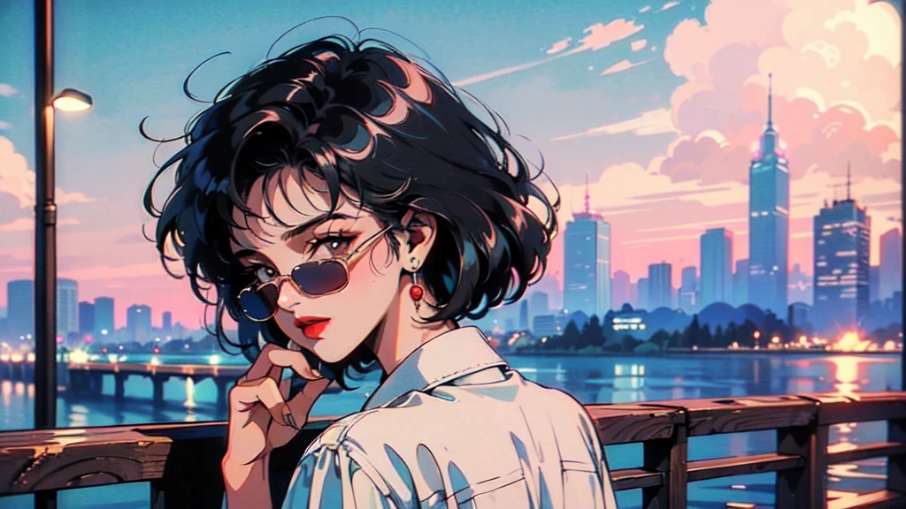 (80's, Retro, City Pop:1.5), (masterpiece, Highest quality, Exquisite detail), (anime, figure), girl, alone, cool, Wearing sunglasses, short hair,Cityscape, Wearing a white shirt, Back view