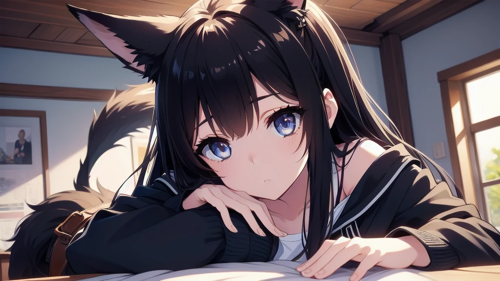 A fox girl, her hand reaching for her shorts, slightly pulling it down to reveal more skin of her cunt. She has short black hair, black fox ears, black tail with white tip, blue colored eyes. Wearing a blue jacket, black shirt and blue shorts and shoes. Set in a bedroom at day full of decorations. Perfect Anime Art. Masterpiece, highres, accurate, textured skin, anatomically correct, ultra HD, 4k, perfect details, best quality (masterpiece:1.2), best quality, high resolution, unity 8k wallpaper, (illustration:0.8), (beautiful detailed eyes:1.6), extremely detailed face, perfect lighting, extremely detailed CG, (perfect hands, perfect anatomy), NSFW