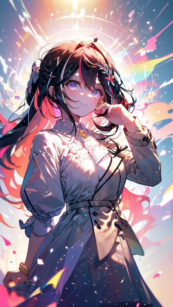 (Ultra-high resolution,masterpiece, Attention to detail, Highest quality), 8k,(azki_(hololive), 1girl, 独奏, multicolored hair, pink hair, purple eyes, black hair, dress, hair between eyes, white dress, brown dress, brown jacket, jewelry, long sleeves, x hair ornament, bangs, bracelet, very long hair, streaked hair, hairclip, large breasts),(Blessed,Captivating body、Ultra-detailed skin、Super beautiful eyes、Detailed Background),One girl、 (enjoy :1.5),