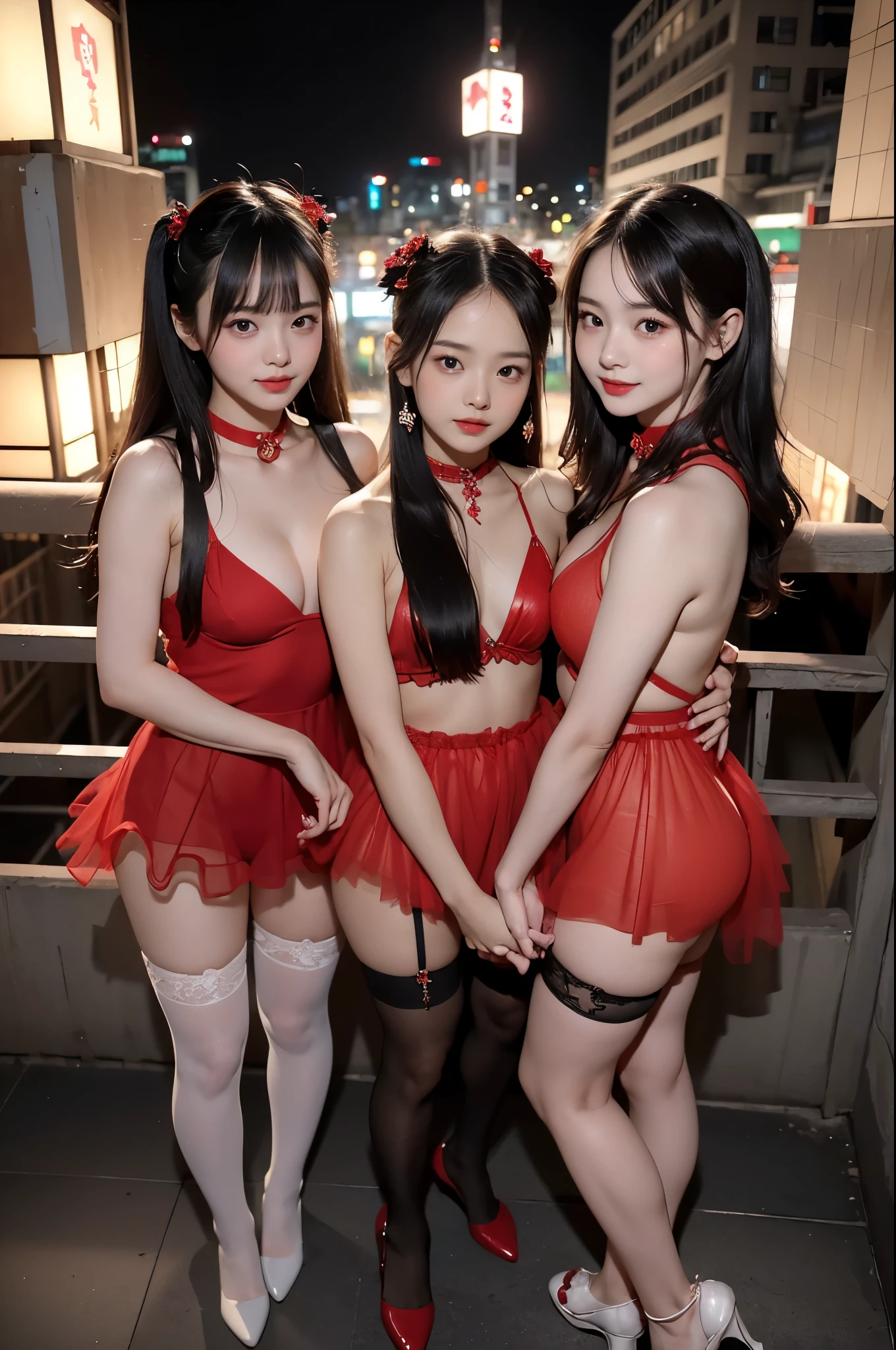 Put your arms behind your head、(Sexy pose with hands behind head:1.5)、(Show me your armpit hair:1.2)、Armpits、,Dark black armpit hair、Dark black pubic hair(Blonde and black haired twin women), (Two naked twin women)、(Hands behind the back:1.2)、(Lift your chest with your hands:1.3)(Chest opening pose:1.2)2 bodies、Two heads、(Two smiling women, Gazing at lovers)(A smile showing white teeth:1.3)(Sweaty body:1.3)Heavy chest、Very beautiful and perfect nipples、With a beautiful baby face((Fuller lips))、Thick thighs、Realistic Skin、Pale skin、Impure Skin、Perfect Anatomy、Four fingers and thumb、Very detailed background、(unity 8k wallpaper)、Hair flowing from shoulders to chest、Silky blonde hair、Straight long hair、hair accessory、Beautifully trimmed thick bangs、(((SFW, 12 s appear in a row:1.2, Shibuya building rooftop at night :1.2))), (masterpiece:1.2, Highest quality, Realistic:1.37), {(Standing full body:1.2)|(From below:1.2)}、(A KAWAII face with attention to detail、Exquisite oil-based porcelain skin)、{Busy Street|(A female student passing by)|, {(Childish:1.2|、Red leather high collar}、,Very detailed,Sexy lingerie with black and luxurious decoration、crotchless pantyhose、A sexy black dress made of sheer tulle、red sexy dress、Black Stockings、High heels、Choker on neck、