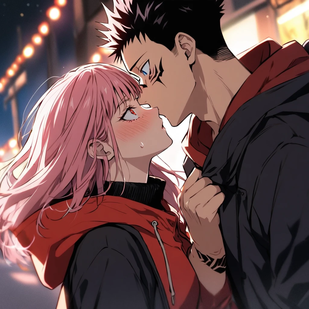 1girl, 1boy, pink_hair, blush, undercut, hetero, red_eyes, tattoo, long_hair, itadori_yuuji, spiked_hair, hood, short_hair, ryoumen_sukuna_(jujutsu_kaisen), night, facial_tattoo, hoodie, upper_body, jacket, extra_eyes, hood_down, black_jacket, imminent_kiss, kiss, looking_at_another, facial_mark, freckles, sweatdrop, bangs, black_hair, multicolored_hair, blue_eyes, clothes_grab, surprised