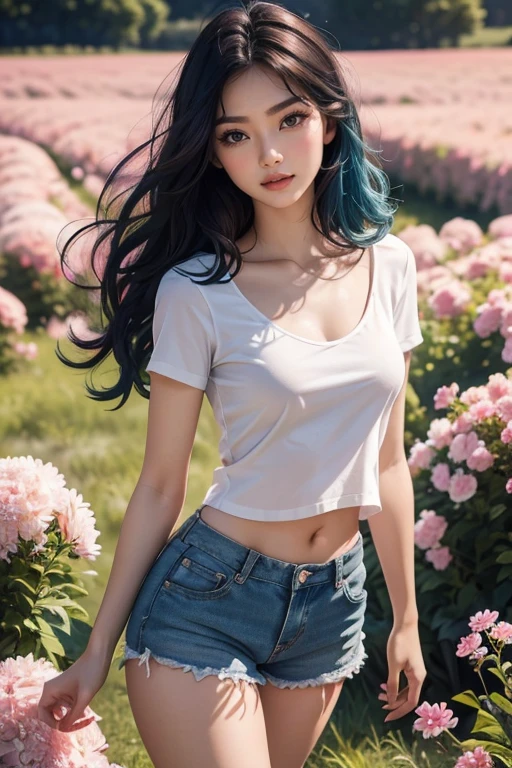 Top quality, RAW Photo, Highest Quality Image, 16K, Full body, Age 20 years old, Realistic, Photorealistic, Beautiful Asian woman, Sexy, body, White pale skin, Beautiful hair, Wavy hair, Blue Hair,, Short hairstyle, Detailed face, Detailed body, Detailed skin, Double eyelids, Big eyes, long eyelashes, bright eyes, green eyes, natural lips, detailed lips, Saggy breasts, Small breasts, Flat Breasts, flat chested, Perfect breasts, posing in pink flowers field , briy light , sunny day, light wind, wearing white shirt and shorts