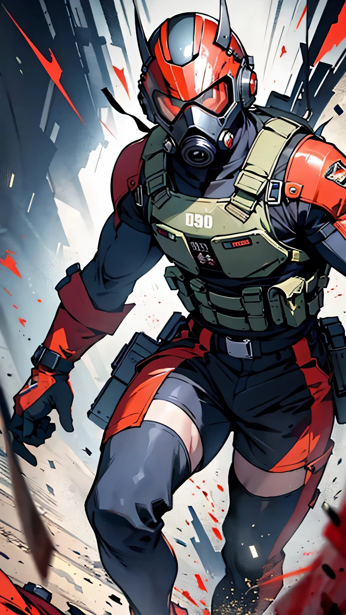 最high quality、Best image quality、masterpiece、male((humanoid、Railgun、Bulletproof vest、Jetpack、Red visor、Run、Assault rifle,Full of wounds,gas mask、Gold Color、Fighting Pose、Muscular,Blood splatter,Tattered))high quality、Beautiful art、background((underground,Fighting the monsters)),Tabletop、Exquisite design、Visual Arts、Written boundary depth、Best lighting、The finest details、8k
