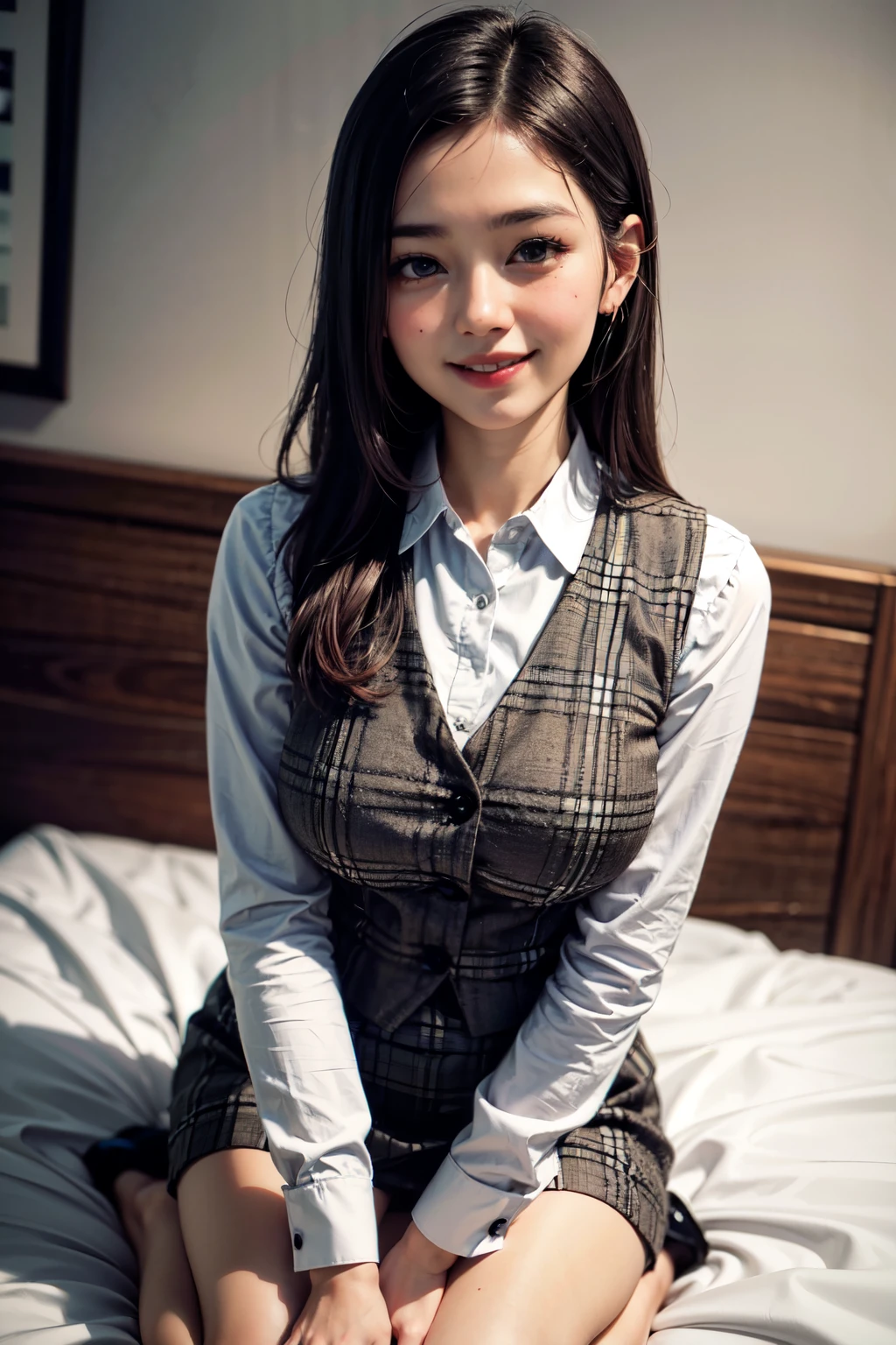 very cute and beautiful girl,(highly detailed beautiful face and eyes),
kneeling on bed sheet,office lady plaid vest,long sleeve white blouse
 BREAK (smile:1.2),blush,looking at viewer,fashion bag,cosmetic bag,tight pleated black mini skirt,black hair,hotel bedroom,
(best quality,masterpiece),absurdres,highres,ultra-detailed,extremely detailed,32k,8k resolution,
intricate details,cinematic scene,detailed background,solo,dynamic angle,