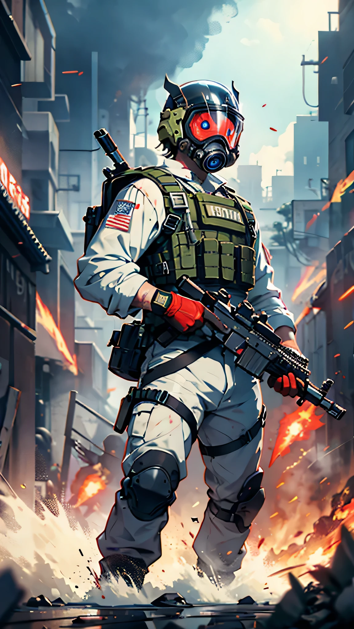 最high quality、Best image quality、masterpiece、male((humanoid、Railgun、Bulletproof vest、Jetpack、Red visor、Run、Assault rifle,Full of wounds,gas mask、Gold Color、Fighting Pose、Muscular,Blood splatter,Tattered))high quality、Beautiful art、background((underground,Fighting the monsters)),Tabletop、Exquisite design、Visual Arts、Written boundary depth、Best lighting、The finest details、8k