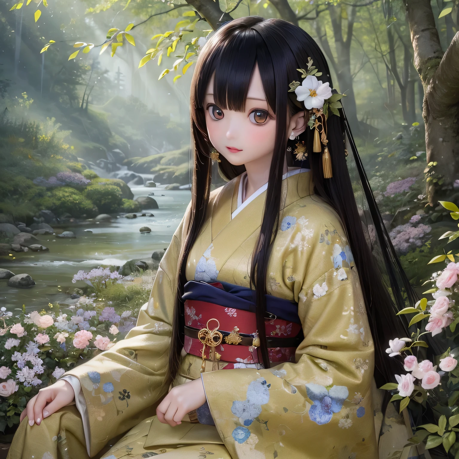 (High resolution, Realistic:1.2),(Beautiful attention to detail,Beautiful lip detail,Highly detailed eyes and face,Long eyelashes),(Rural landscape,Serene atmosphere),(Shiba Inu Girl:1.1),(Soft lighting),(Oil painting style),(Lush green fields,Quiet river),(Traditional Japanese house),(Flowing traditional kimono),(Colorful flowers),(Birds flying in the sky),(bamboo forest),(wood々Sunlight shining through)(((Cherry tree in full bloom)))Princess cut arms spread