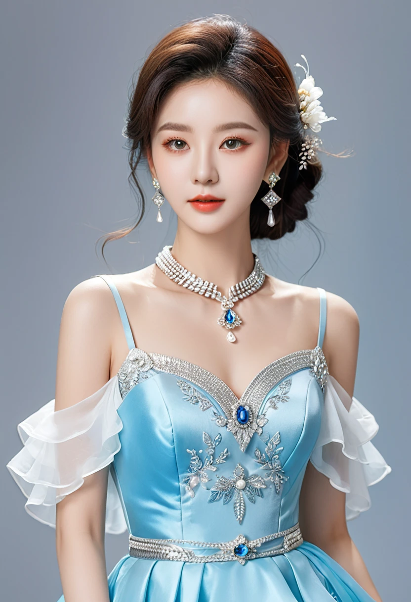 Realistic photo style, whole body 사진에 아름다운 아시아 소녀가 등장합니다., Wearing a unique ethnic style evening gown with delicate skin., bright and lively eyes, Thick eyelashes that look especially attractive. Long dresses are slim and elegant., Eye-catching silver jewelry and alcohol. The high-collar design adds an elegant atmosphere., Color of blue and white porcelain. using light and shadow, The vivid and harmonious appearance of the protagonist is highlighted... whole body, (masterpiece, best quality, professional, perfect composition, very aesthetic, absurd, very detailed, intricate details:1.3)