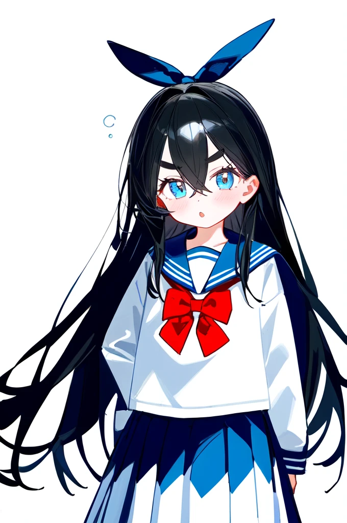 1girl, solo, black hair, long hair, bangs, hair between eyes, eyebrows visible through hair, looking at viewer, white shirt, serafuku, red bow, red bowtie, blue sailor collar, sailor collar, bowtie, long sleeves, blue skirt, pleated skirt, simple backgroundbest quality, amazing quality, very aesthetic, absurdres