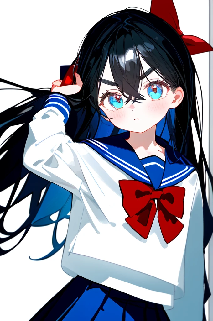 1girl, solo, black hair, long hair, bangs, hair between eyes, eyebrows visible through hair, looking at viewer, white shirt, serafuku, red bow, red bowtie, blue sailor collar, sailor collar, bowtie, long sleeves, blue skirt, pleated skirt, simple backgroundbest quality, amazing quality, very aesthetic, absurdres