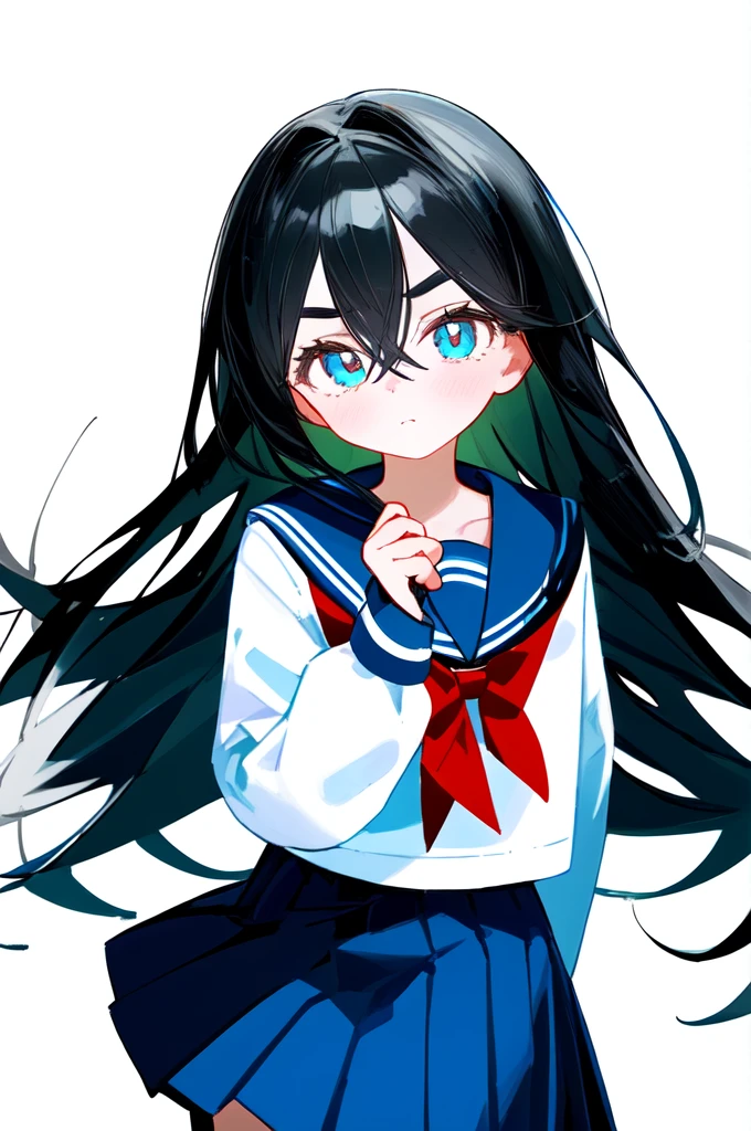 1girl, solo, black hair, long hair, bangs, hair between eyes, eyebrows visible through hair, looking at viewer, white shirt, serafuku, red bow, red bowtie, blue sailor collar, sailor collar, bowtie, long sleeves, blue skirt, pleated skirt, simple backgroundbest quality, amazing quality, very aesthetic, absurdres