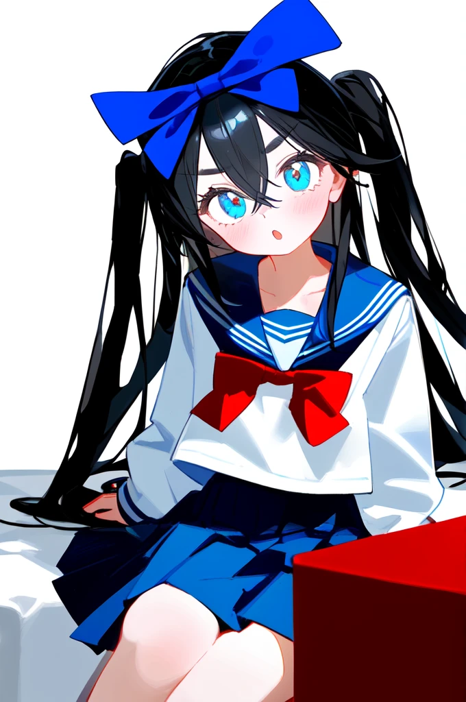 1girl, solo, black hair, long hair, bangs, hair between eyes, eyebrows visible through hair, looking at viewer, white shirt, serafuku, red bow, red bowtie, blue sailor collar, sailor collar, bowtie, long sleeves, blue skirt, pleated skirt, simple backgroundbest quality, amazing quality, very aesthetic, absurdres