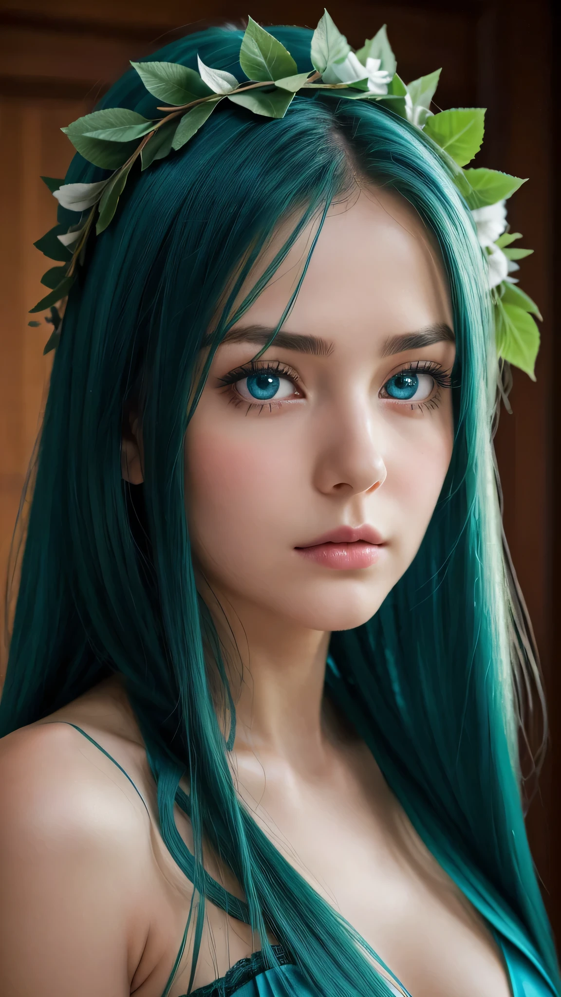a girl. the face sends feeling. Europe. Oval face. long face. delicate facial features. shy eyes. seductively seductive. blue eyes. long straight hair. green hair. wreath on head. sad expression. big breasts. Sexy blue silk nightgown. straight face