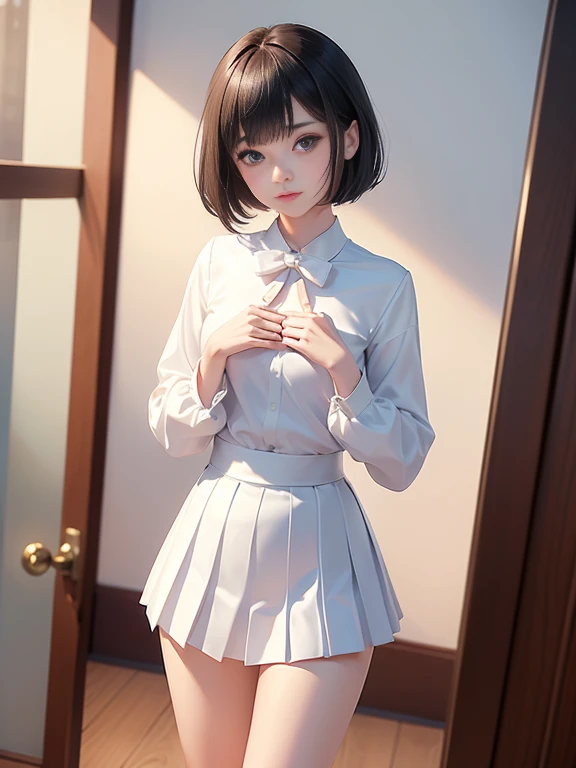 (masterpiece、Highest quality:1.7)、(:1.5)、(Above the knee shot:1.5)、Bobcut、Black Hair、85mm、16K、Official Art、RAW Photos、Best Beautiful Faces、Close-up、Violet、Gardenia、((The best beautiful girl、very cute))、Red blush on cheeks、indoor、(Are standing:1.8)、Film Grain、Chromatic Aberration、Sharp Focus、(((Nice hands、Perfect hands、Perfect Fingers、Thin and delicate fingers、A perfect body without flaws)))、Detailed face、(Slender body:1.5)、(Slender body:1.4)、(Slim upper body:1.4)、(Small breasts:1.8)、(Let your bangs hang down:1.8)、(Blushing:1.8)、(Low contrast lighting:1.2)、(White tight business blouse with collar:1.5)、(White bow tie blouse:1.4)、(Long sleeve: 1.3)、(A very short white pleated mini skirt:1.8),(Holding his chest with his palm:1.5)、Low angle from below
